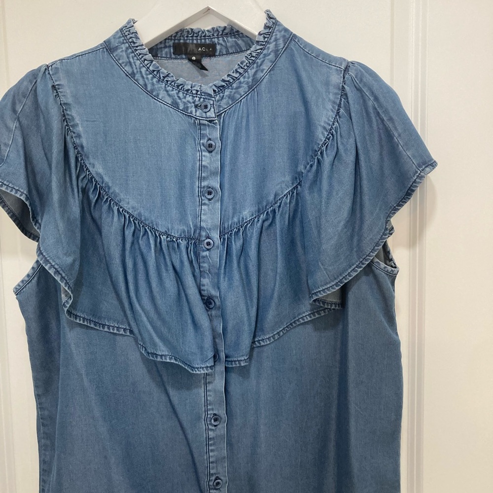 Aqua Light Blue Ruffle Button-Down Blouse